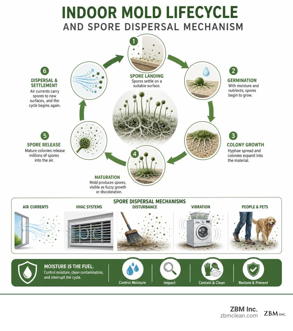 Indoor mold lifecycle and spore dispersal mechanism infographic