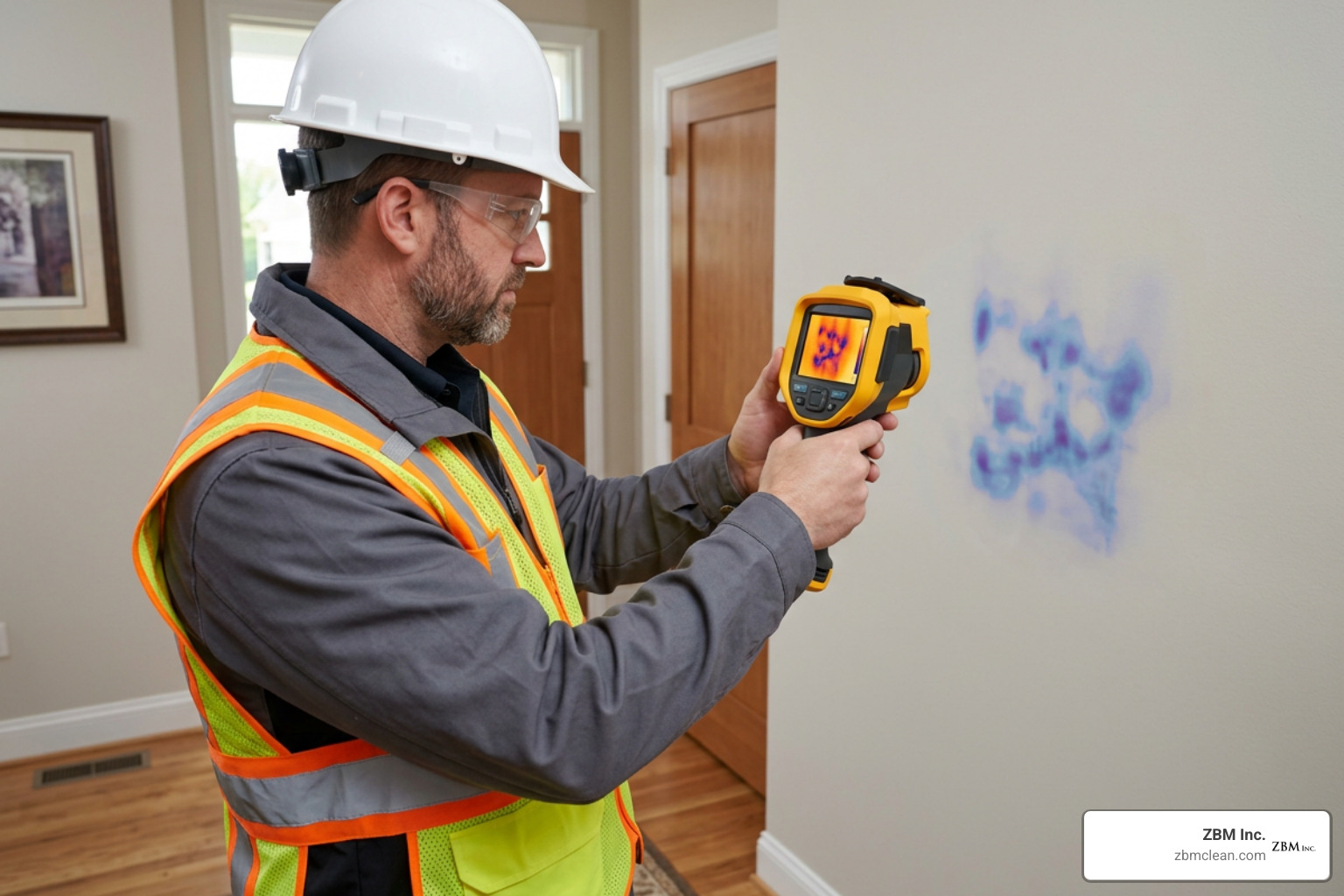 Infrared thermal imaging camera detecting hidden moisture behind drywall