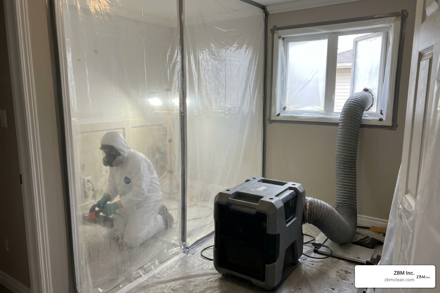 Industrial negative air machine and poly containment barrier in a home
