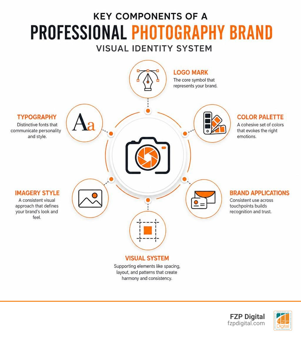 Key components of a professional photography brand visual identity system infographic Key components of a professional photography brand visual identity system infographic
