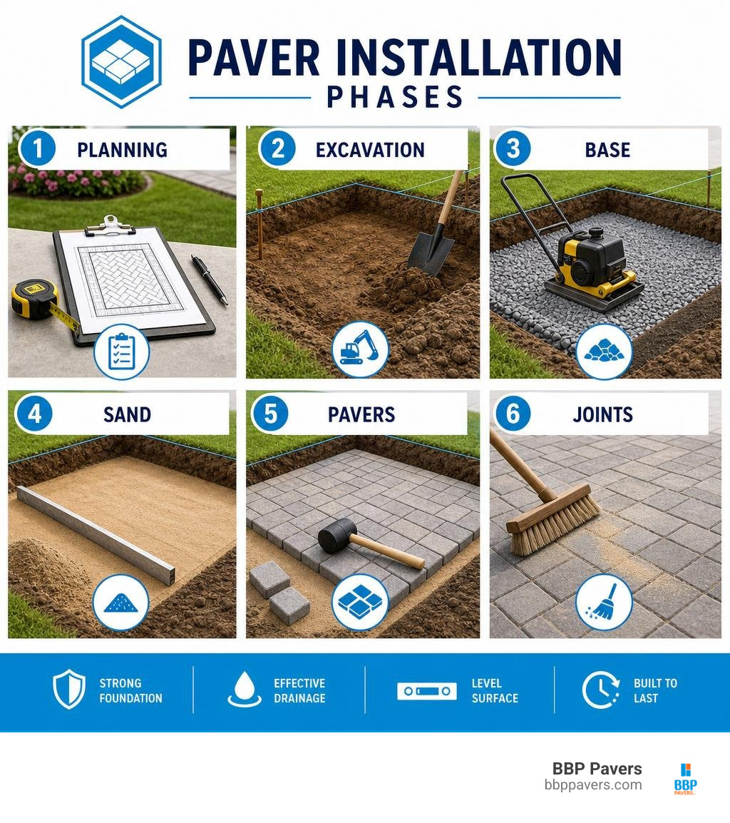 Paver installation phases: planning, excavation, base, sand, pavers, joints infographic Paver installation phases: planning, excavation, base, sand, pavers, joints infographic