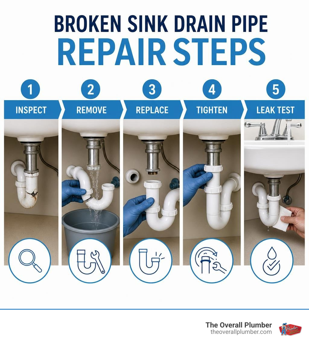 Broken sink drain pipe repair steps: inspect, remove, replace, tighten, and leak test infographic Broken sink drain pipe repair steps: inspect, remove, replace, tighten, and leak test infographic