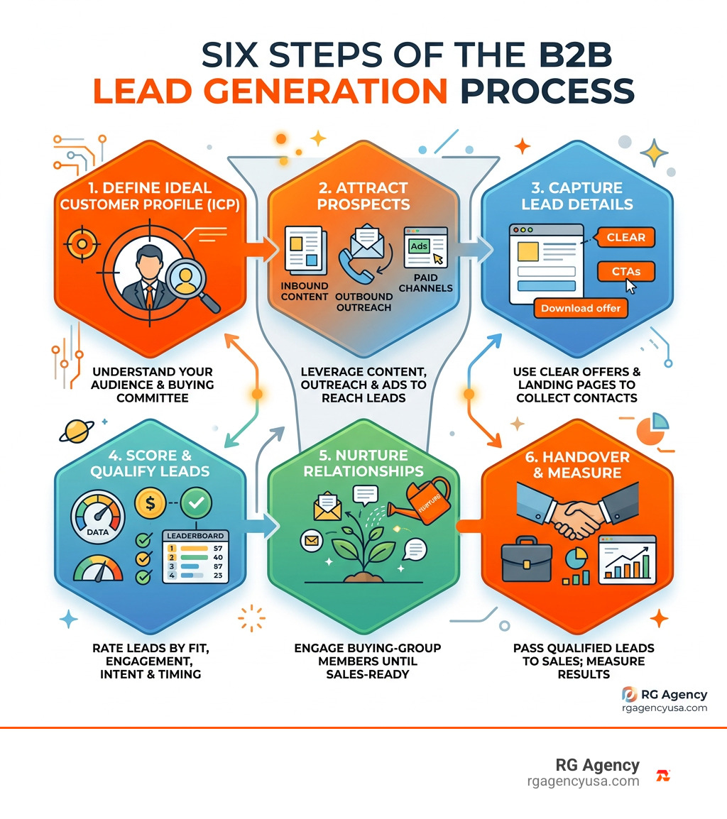 Infographic of six steps in the B2B lead generation process infographic Infographic of six steps in the B2B lead generation process infographic