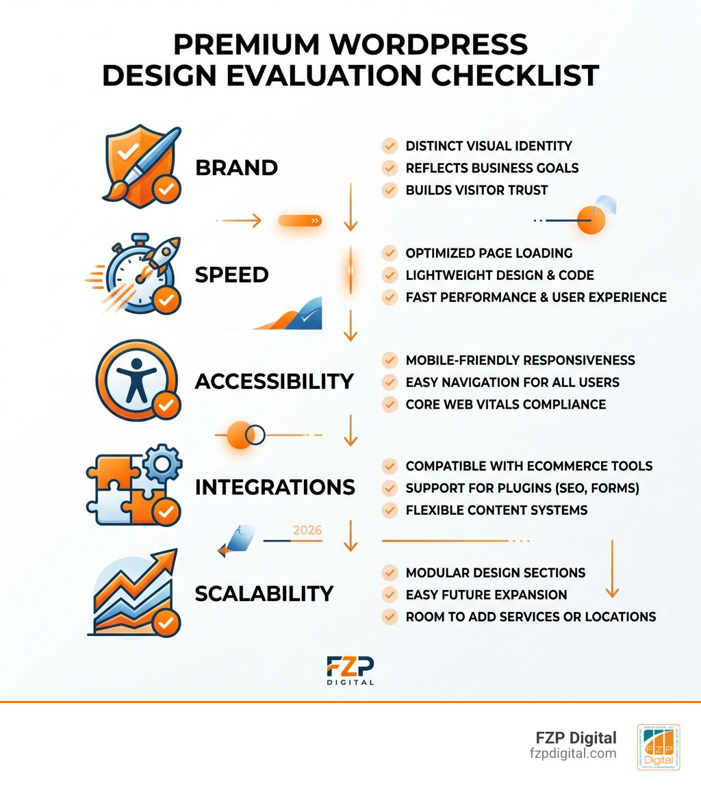Premium WordPress design evaluation checklist: brand, speed, accessibility, integrations, scalability infographic Premium WordPress design evaluation checklist: brand, speed, accessibility, integrations, scalability infographic