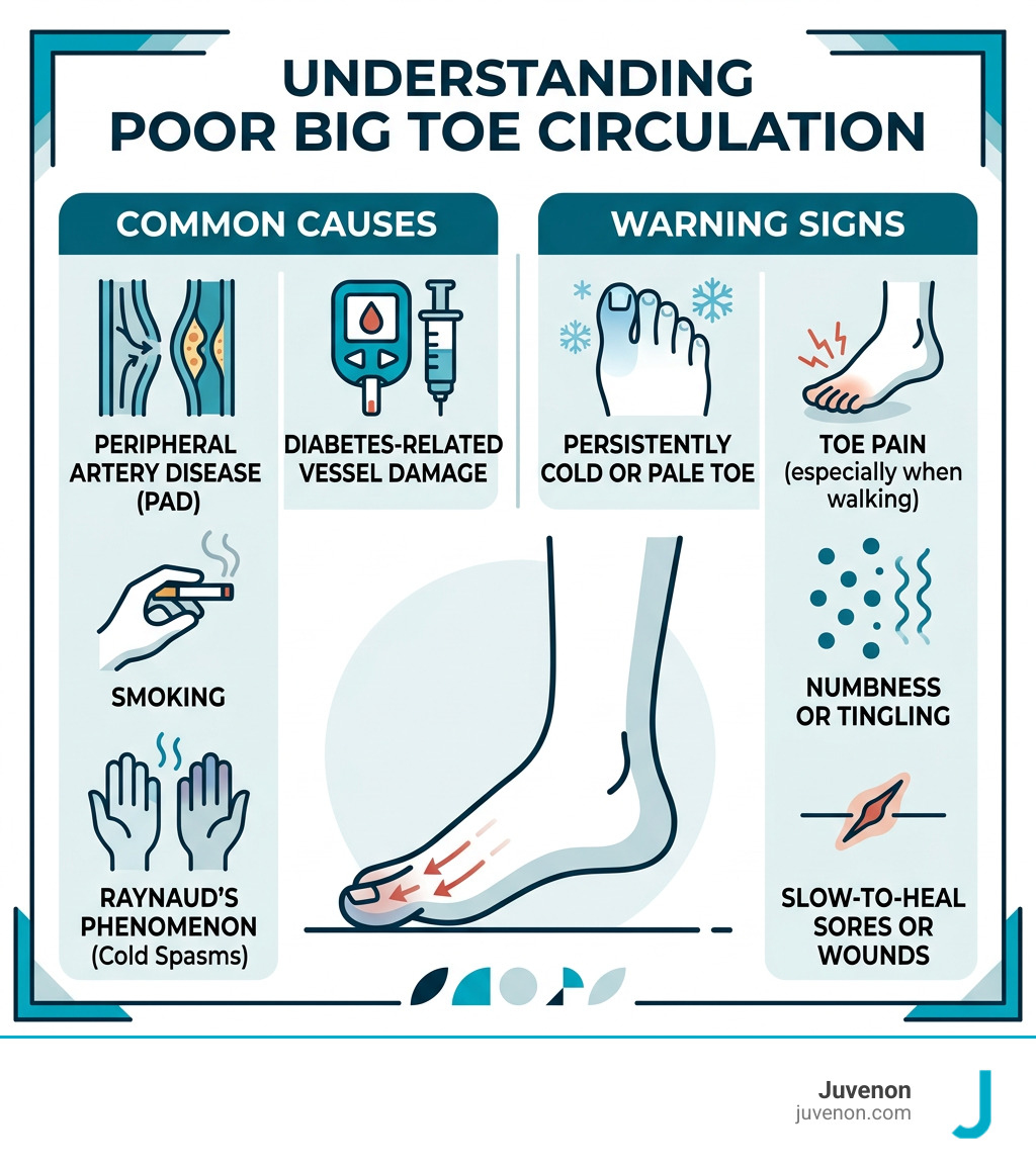 Infographic: common causes and warning signs of poor big toe circulation infographic