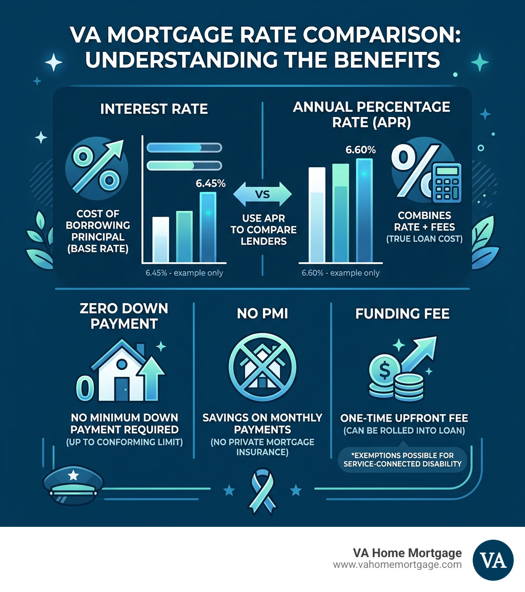 VA mortgage rate comparison: rate, APR, zero down, no PMI, and funding fee infographic