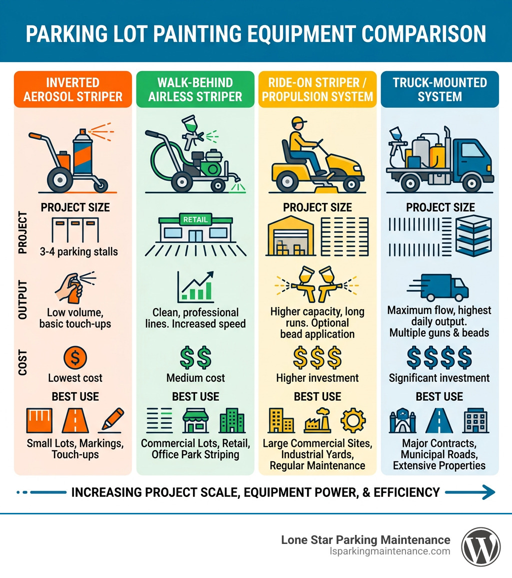 Parking lot painting equipment comparison by project size, output, cost, and best use infographic Parking lot painting equipment comparison by project size, output, cost, and best use infographic