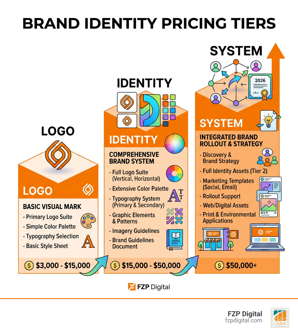 Brand identity pricing infographic showing logo, identity, and brand system tiers infographic Brand identity pricing infographic showing logo, identity, and brand system tiers infographic