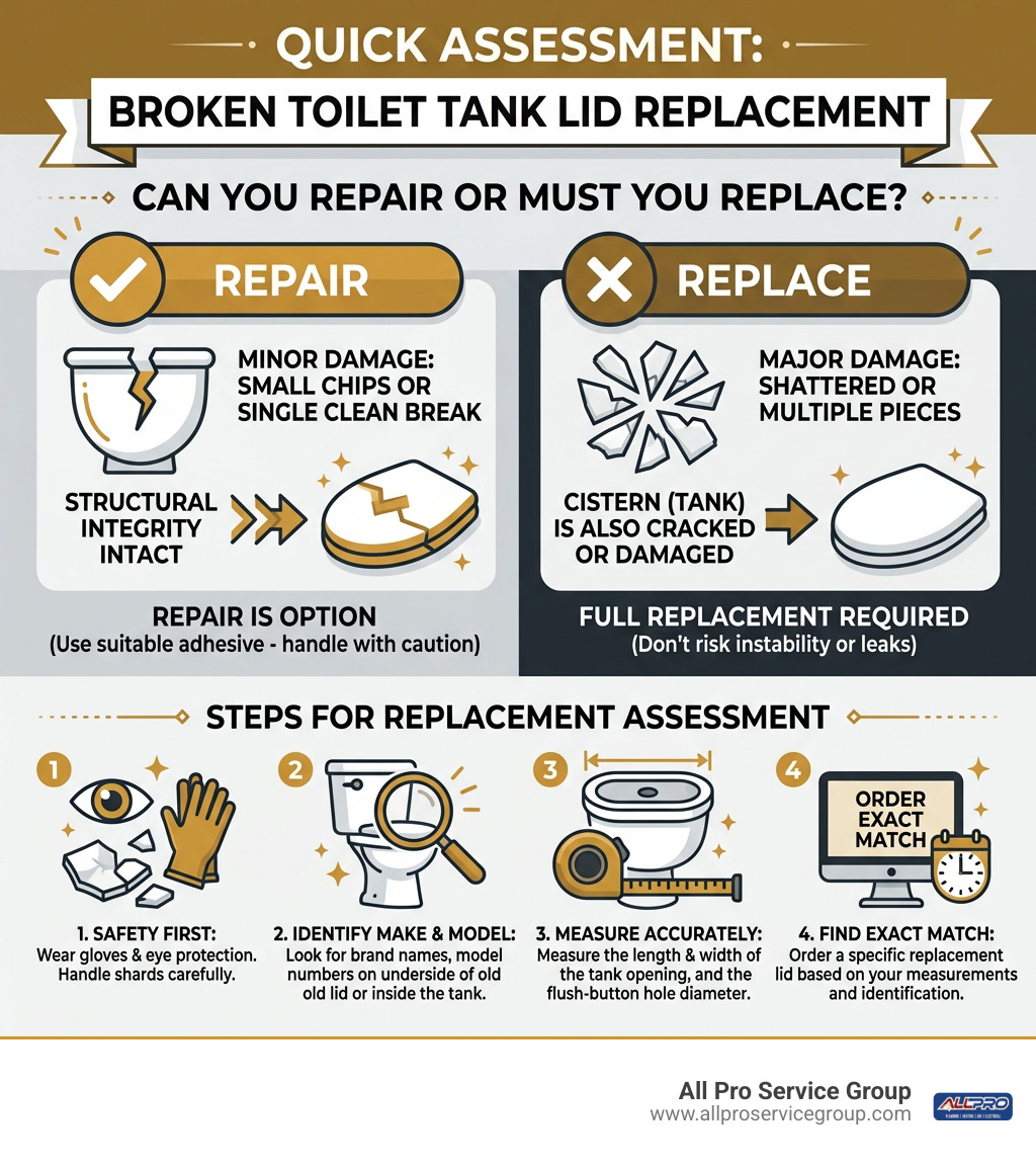 Quick assessment for broken toilet tank lid replacement infographic Quick assessment for broken toilet tank lid replacement infographic