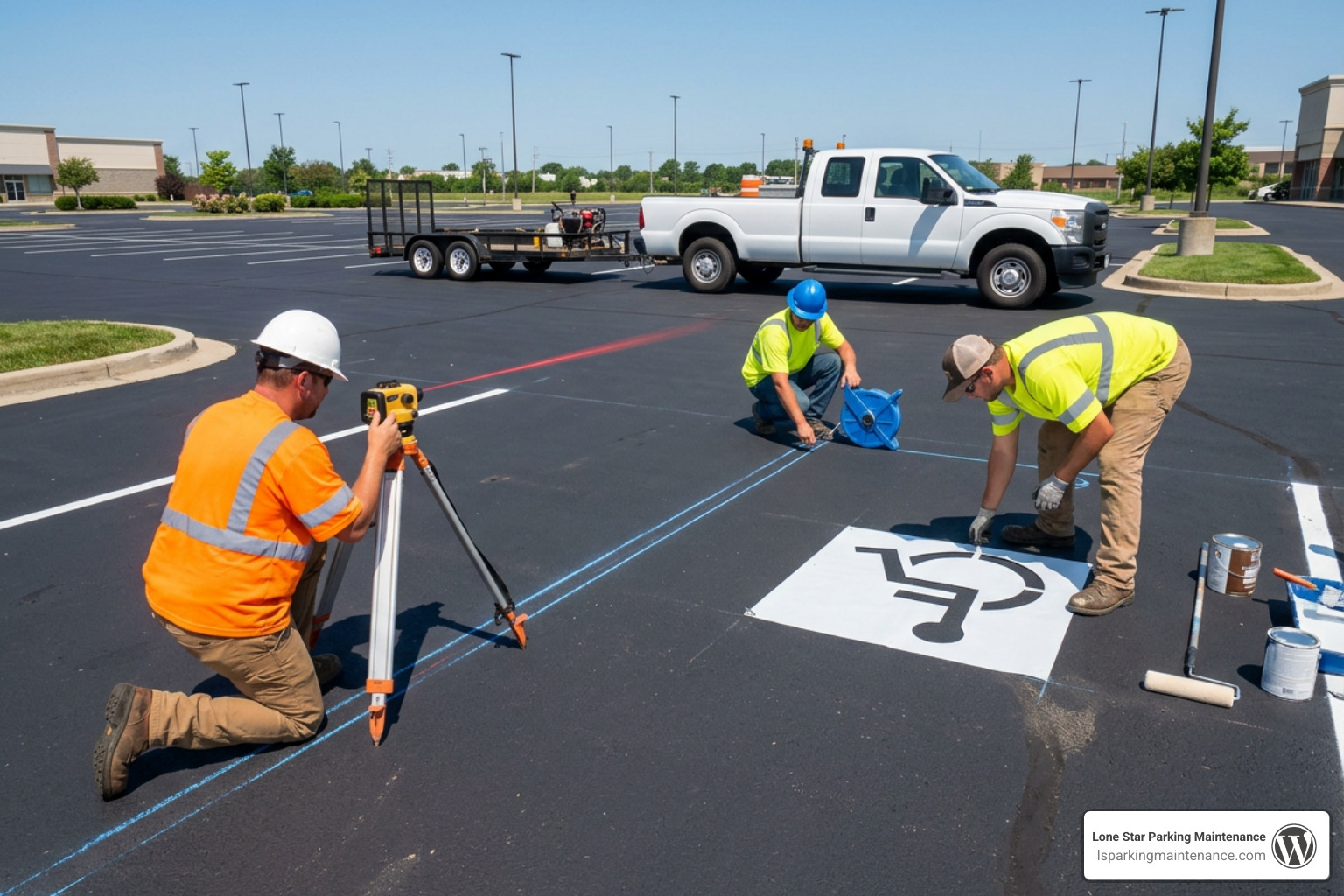 Pavement crew using laser alignment, giant chalk line, and 39-inch ADA handicap stencil Pavement crew using laser alignment, giant chalk line, and 39-inch ADA handicap stencil
