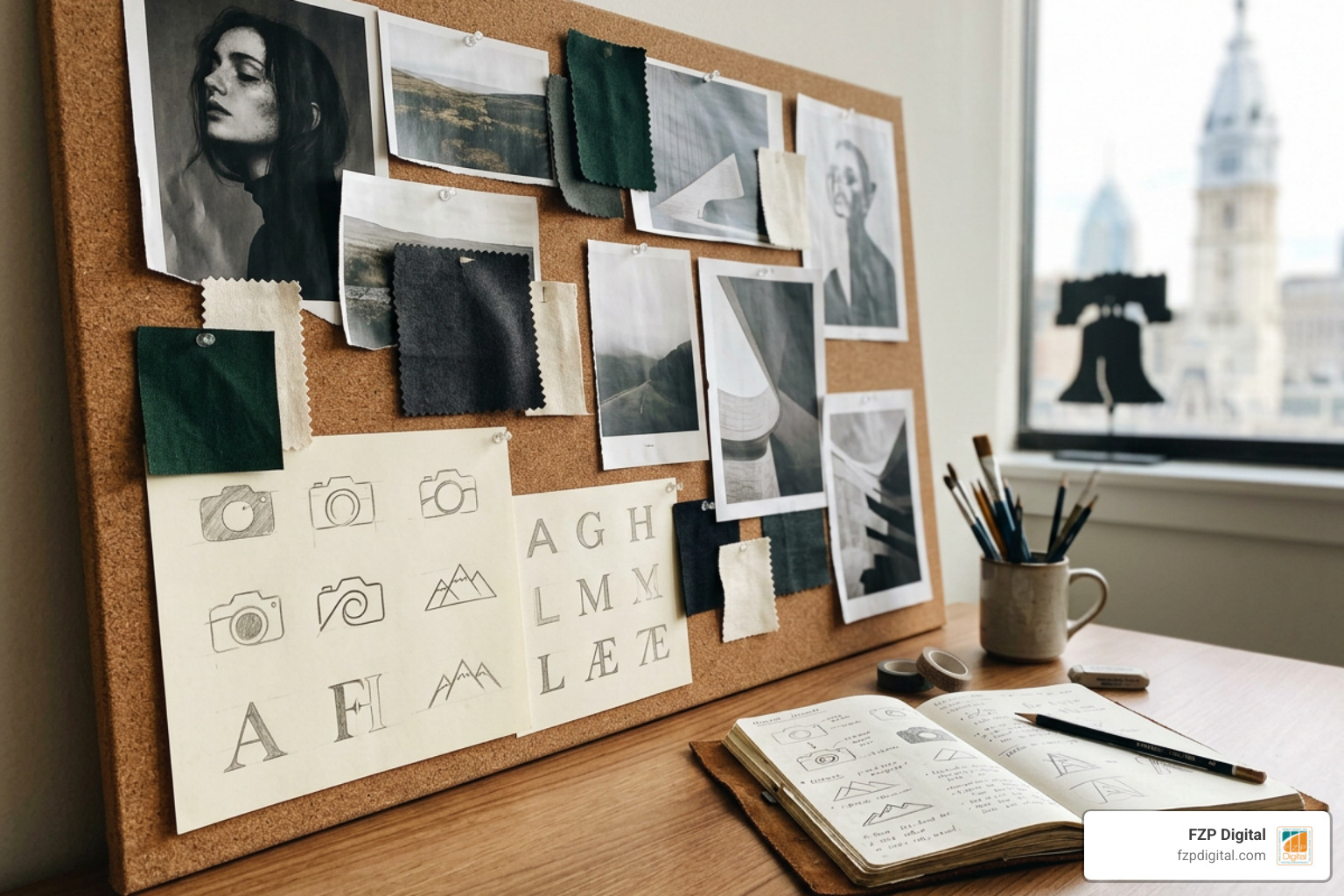 Photographer branding moodboard and logo refinement sketches featuring Philadelphia design elements Photographer branding moodboard and logo refinement sketches featuring Philadelphia design elements