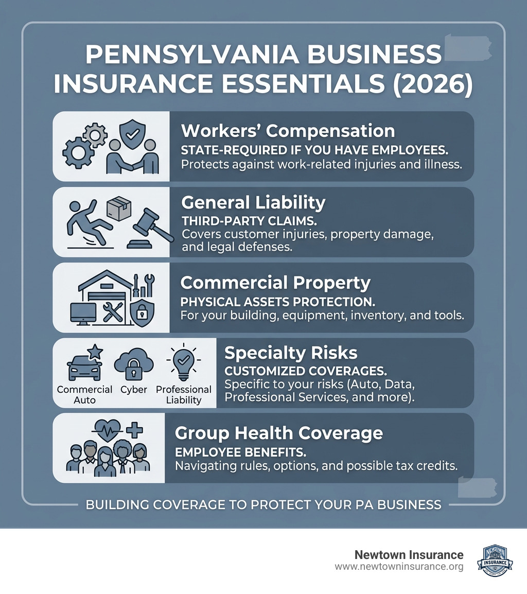 Pennsylvania business insurance essentials: workers comp, liability, property, health and specialty risks infographic