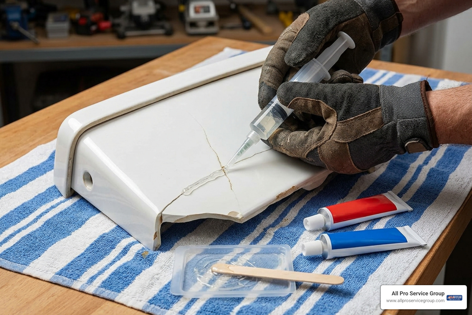 Applying epoxy along porcelain fracture line Applying epoxy along porcelain fracture line