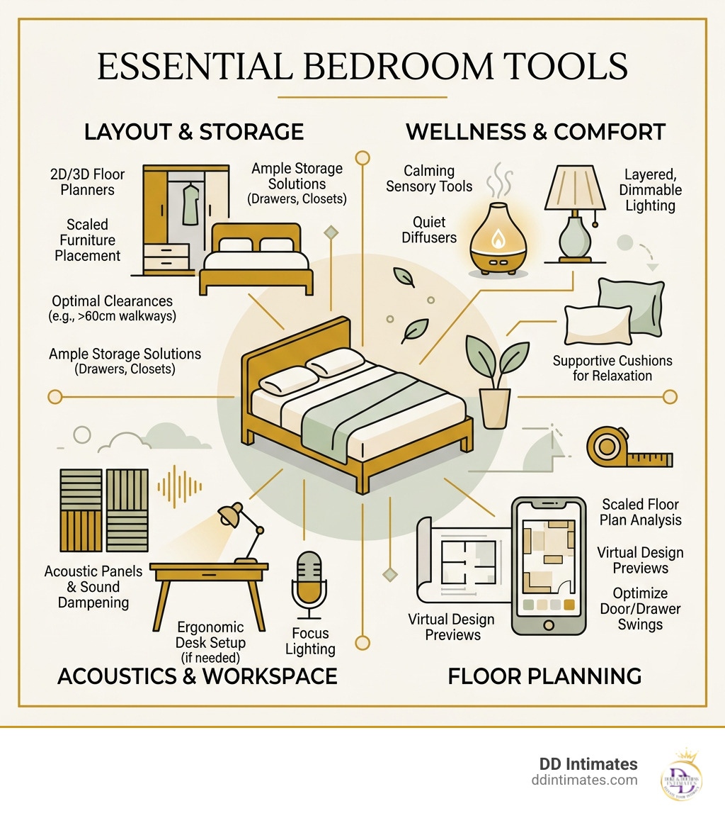 Infographic of bedroom tools for layout storage wellness acoustics and comfort infographic