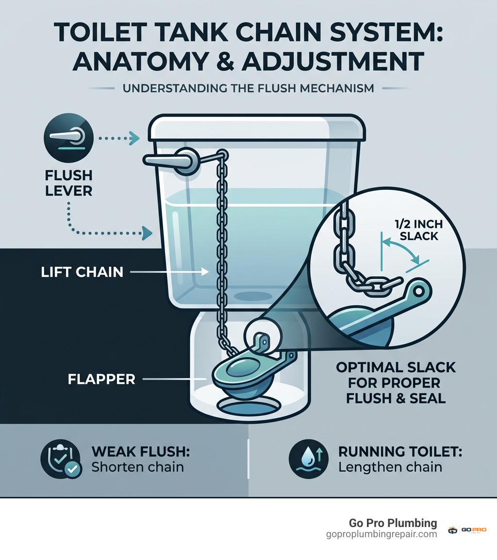 Infographic showing flush lever, lift chain, flapper, and half-inch slack infographic Infographic showing flush lever, lift chain, flapper, and half-inch slack infographic