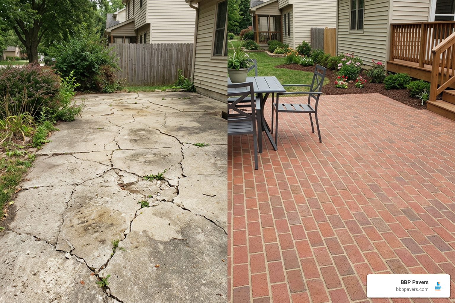 Side by side comparison of old cracked concrete patio and new thin brick overlay Side by side comparison of old cracked concrete patio and new thin brick overlay