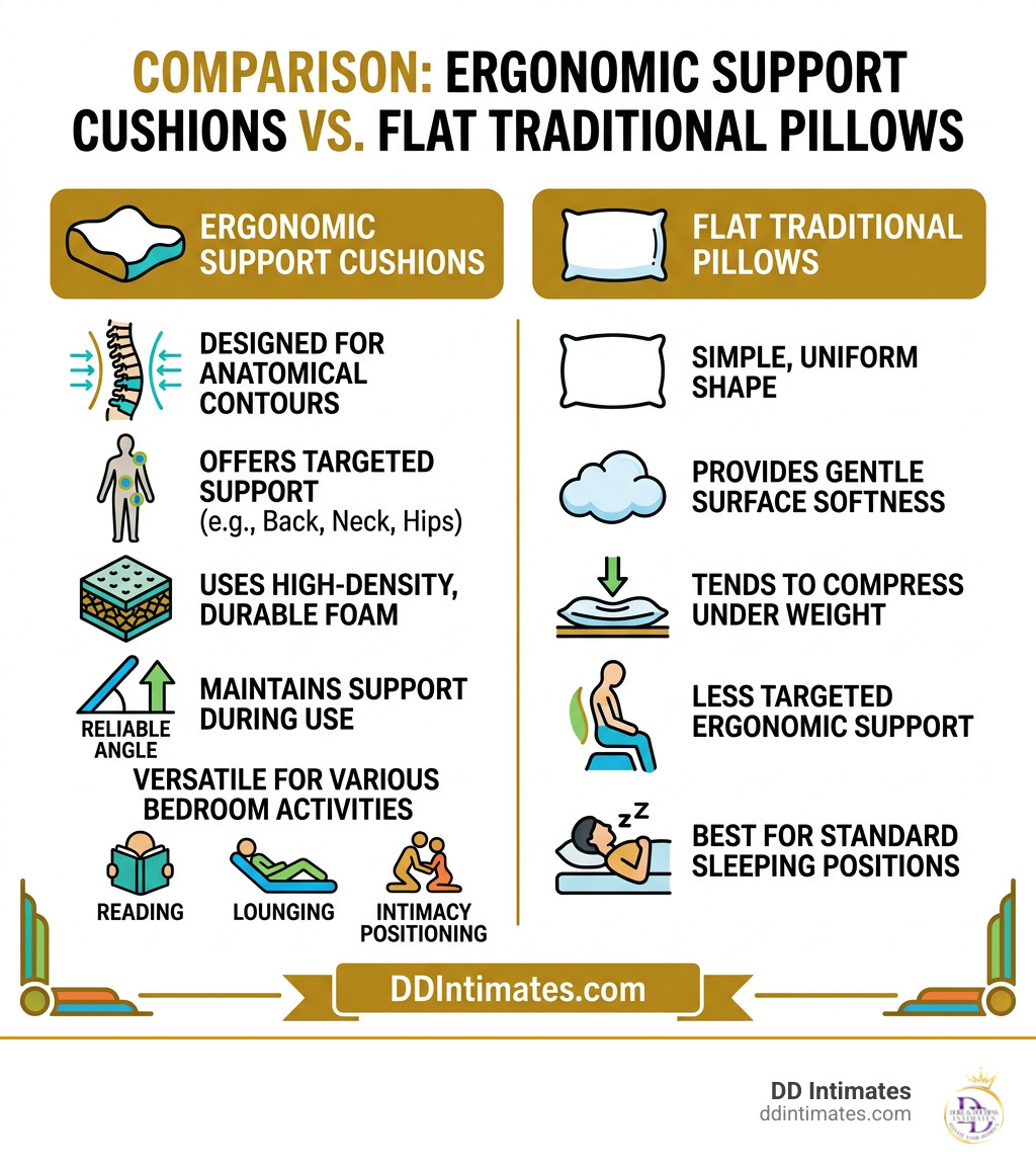 Comparison of ergonomic support cushions versus flat traditional pillows infographic