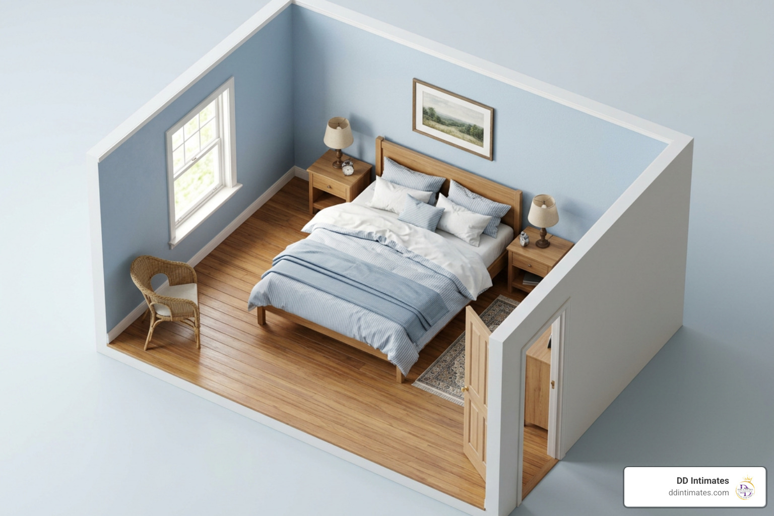3D dollhouse bedroom layout simulation showing furniture clearances