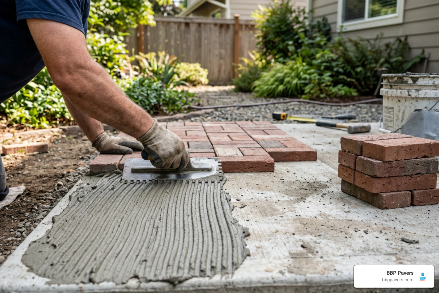 Thinset mortar bed application for thin clay pavers on concrete Thinset mortar bed application for thin clay pavers on concrete
