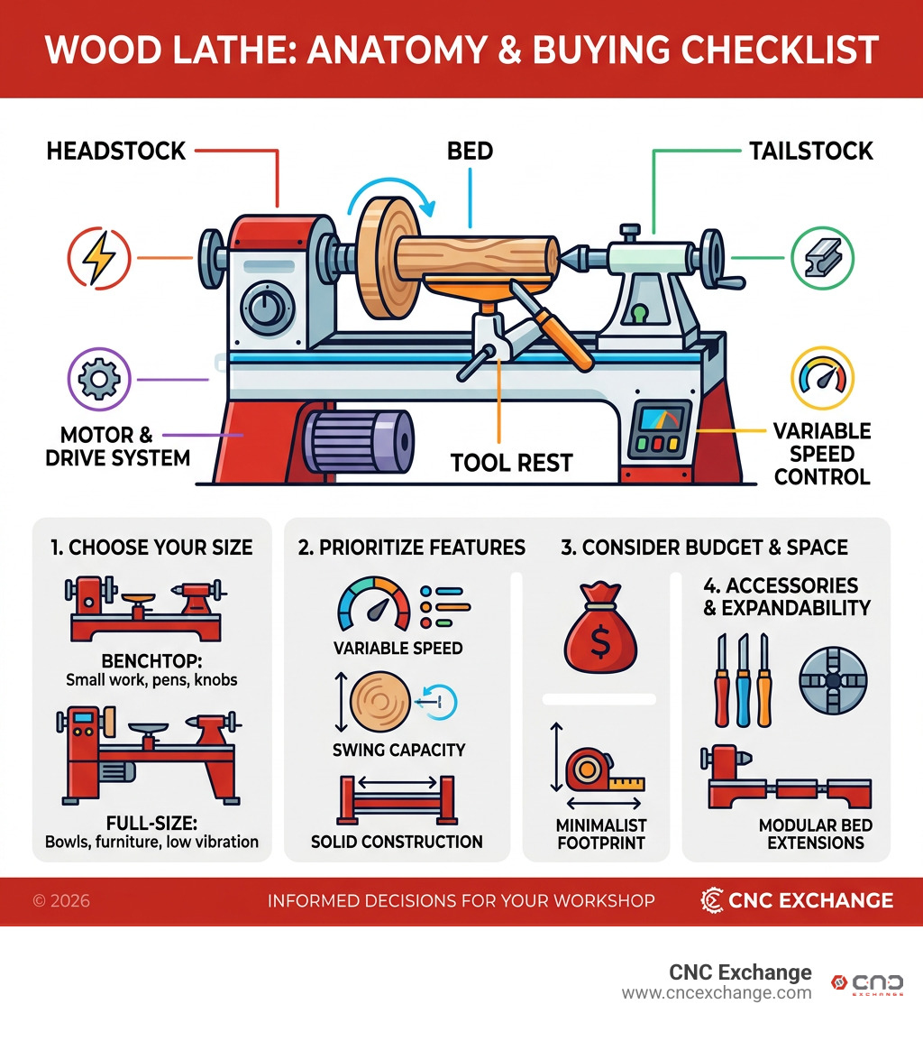 Wood lathe anatomy and buying checklist infographic Wood lathe anatomy and buying checklist infographic