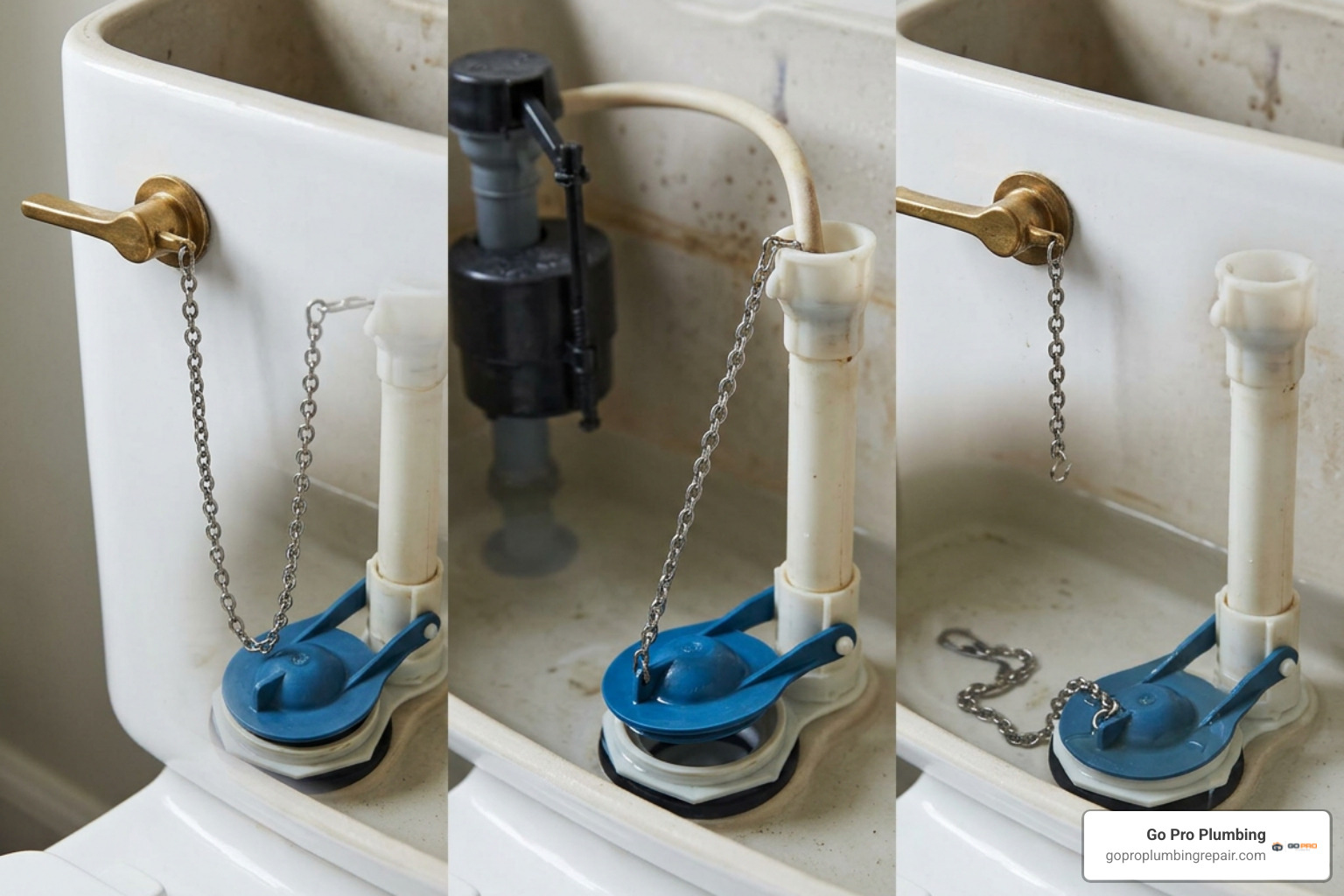 Comparing loose, tight, and broken toilet chains inside a tank Comparing loose, tight, and broken toilet chains inside a tank
