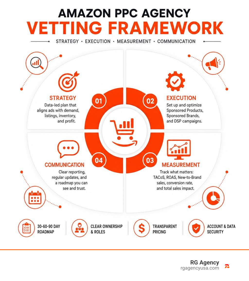 Amazon PPC agency vetting framework: strategy, execution, measurement, and communication infographic Amazon PPC agency vetting framework: strategy, execution, measurement, and communication infographic