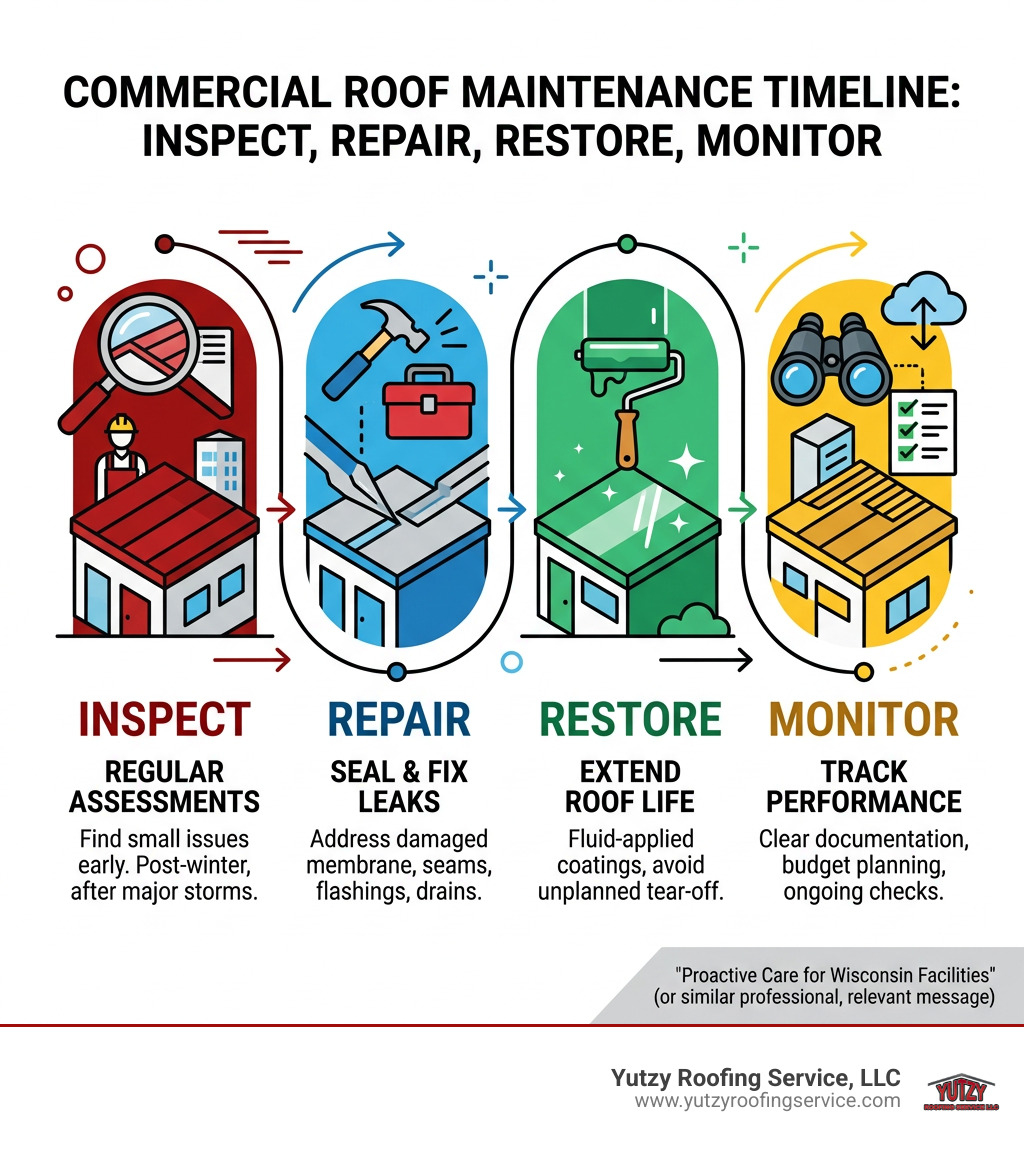 Commercial roof maintenance timeline: inspect, repair, restore, monitor infographic Commercial roof maintenance timeline: inspect, repair, restore, monitor infographic