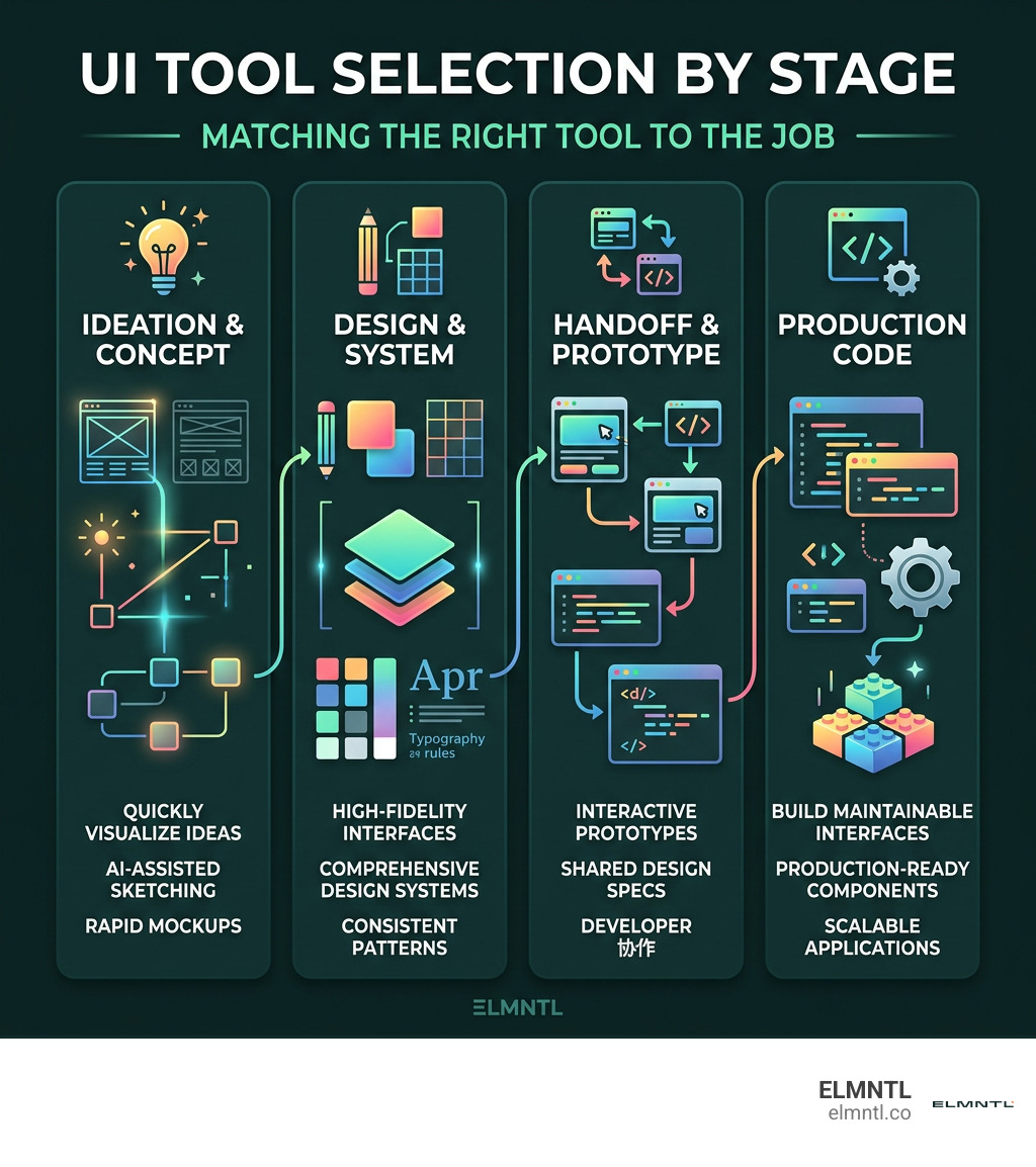 Infographic comparing UI tools for ideation design handoff and production code infographic