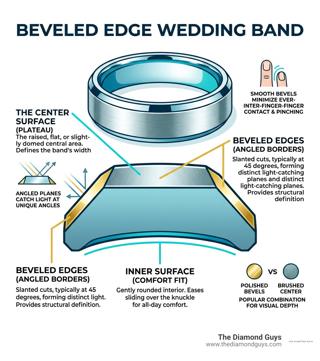 Anatomy and cross-section profile of a beveled edge wedding band showing angled borders infographic Anatomy and cross-section profile of a beveled edge wedding band showing angled borders infographic