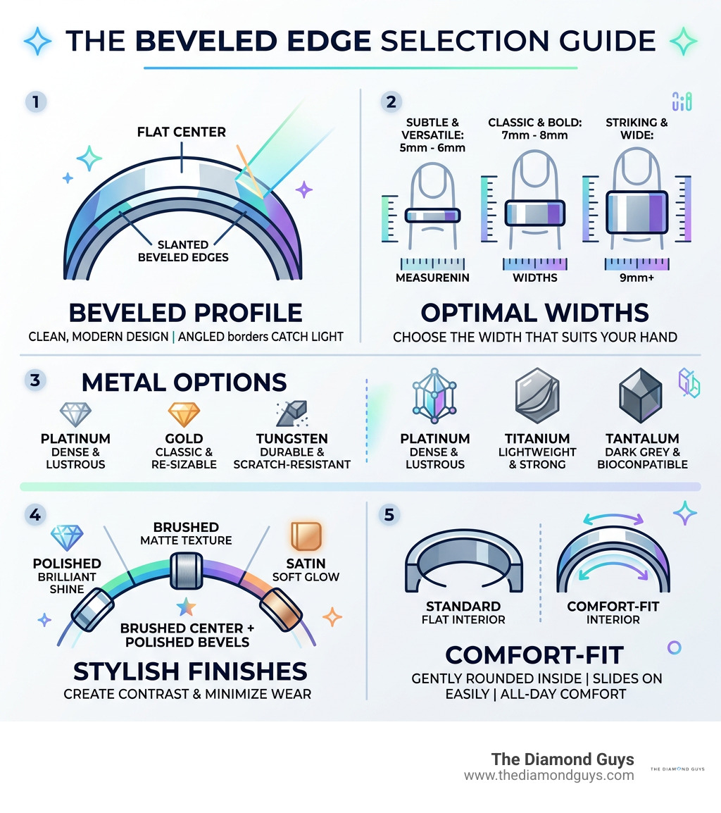 Beveled edge band profile, widths, metals, finishes, and comfort-fit selection guide infographic Beveled edge band profile, widths, metals, finishes, and comfort-fit selection guide infographic