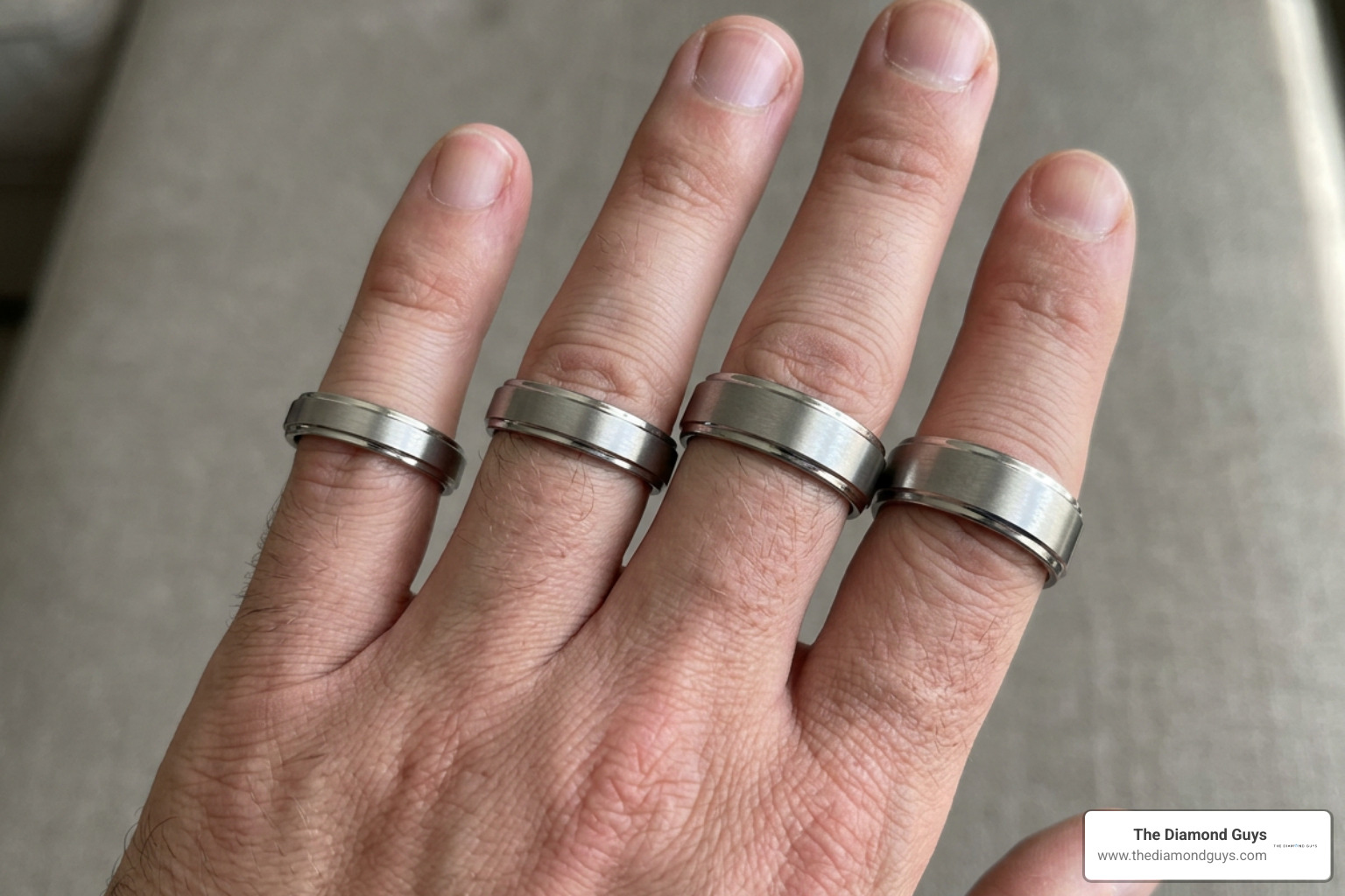 Men's hands comparing 5mm, 6mm, 7mm, and 8mm beveled band widths side by side Men's hands comparing 5mm, 6mm, 7mm, and 8mm beveled band widths side by side