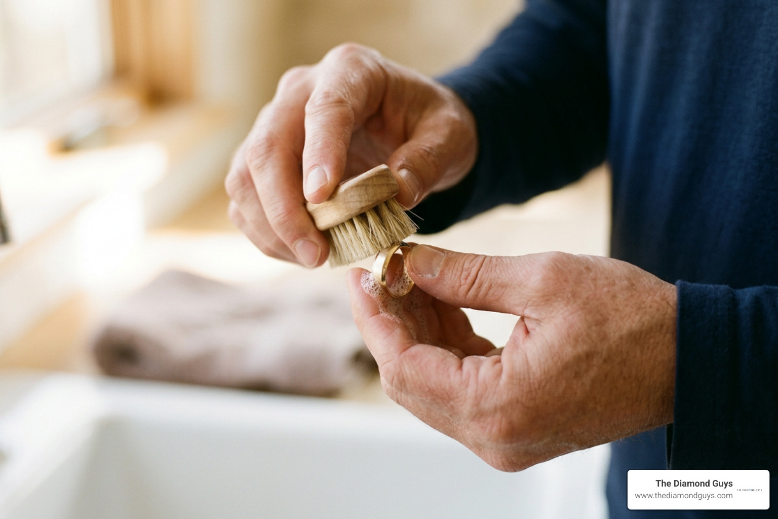 Man cleaning a beveled edge wedding band using mild soap and a soft-bristle brush Man cleaning a beveled edge wedding band using mild soap and a soft-bristle brush