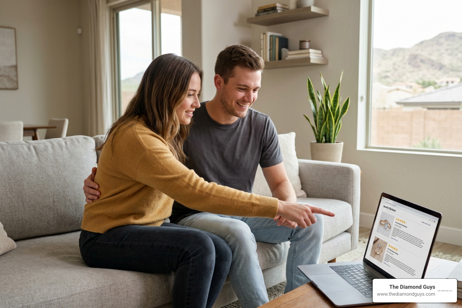 couple researching Phoenix jewelers online using reviews and ratings couple researching Phoenix jewelers online using reviews and ratings