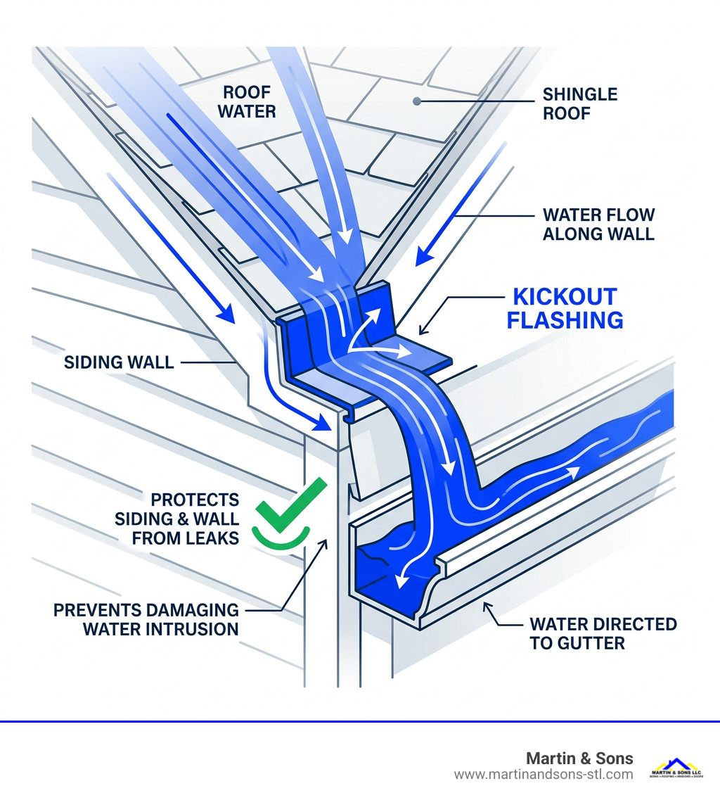 Infographic showing kickout flashing directing roof water into a gutter away from siding infographic Infographic showing kickout flashing directing roof water into a gutter away from siding infographic