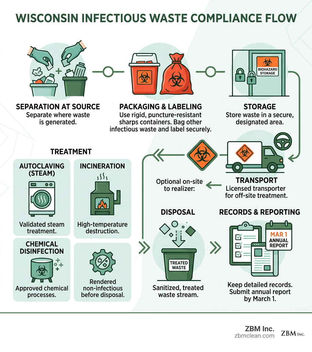 Wisconsin infectious waste compliance flow from separation through treatment and records infographic