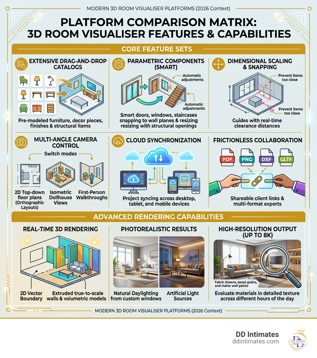 Platform comparison matrix showing feature sets and rendering capabilities infographic Platform comparison matrix showing feature sets and rendering capabilities infographic