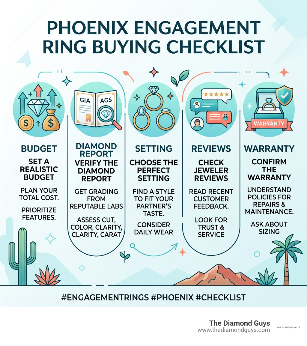 Phoenix engagement ring buying checklist: budget, diamond report, setting, reviews, warranty infographic Phoenix engagement ring buying checklist: budget, diamond report, setting, reviews, warranty infographic