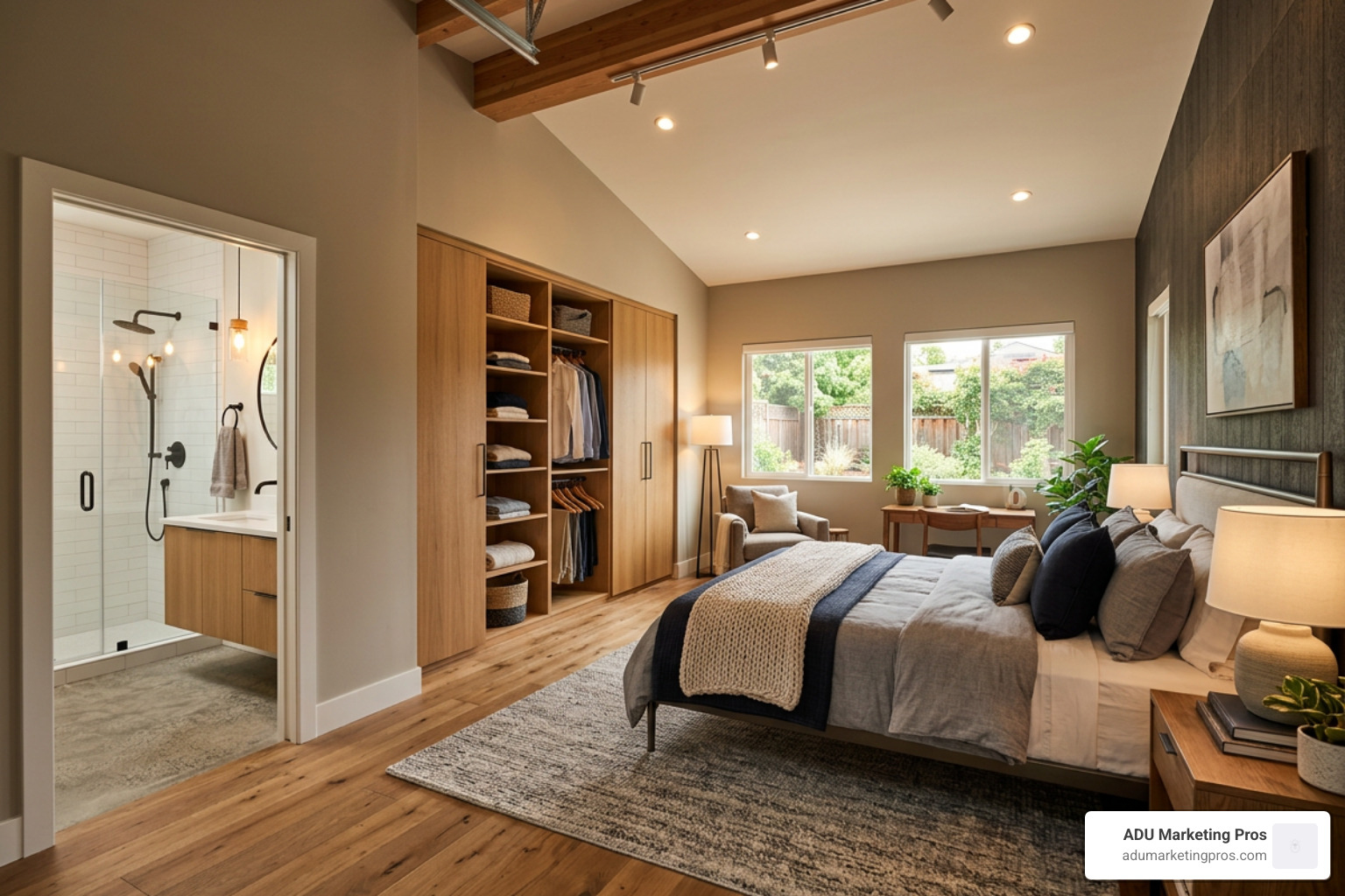 Master suite garage conversion featuring a king bed, custom built-in closet, and ensuite bathroom