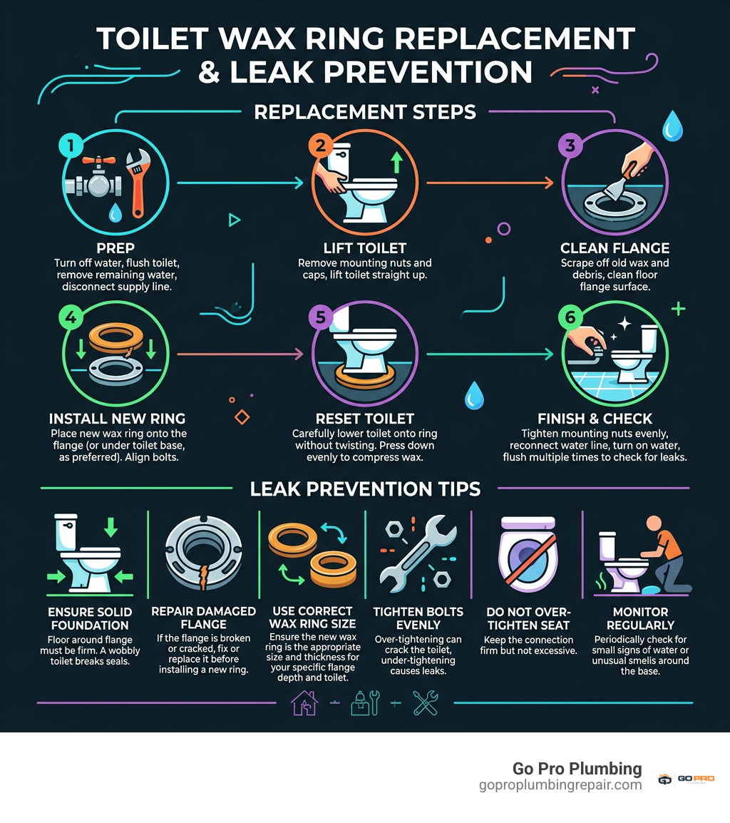 Toilet wax ring replacement steps and leak prevention infographic