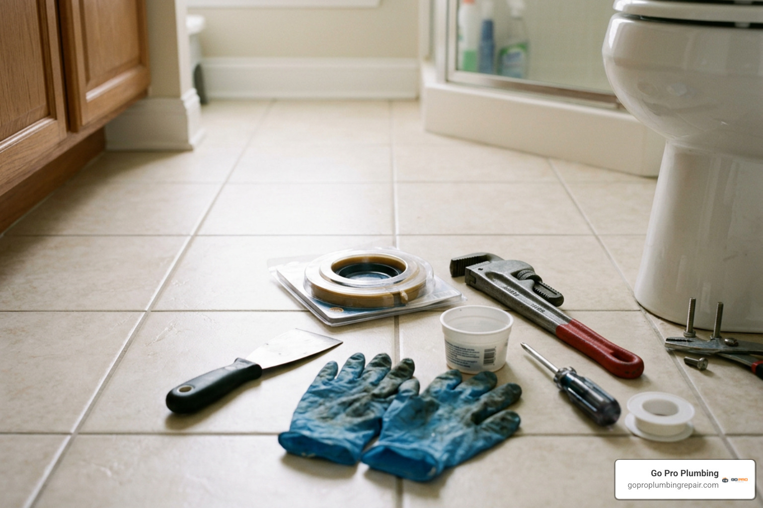 Plumbing tools laid out on floor for toilet repair