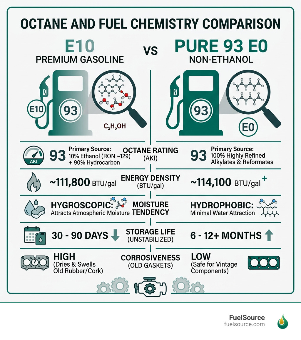 Octane and fuel chemistry comparison between E10 and pure E0 gas infographic