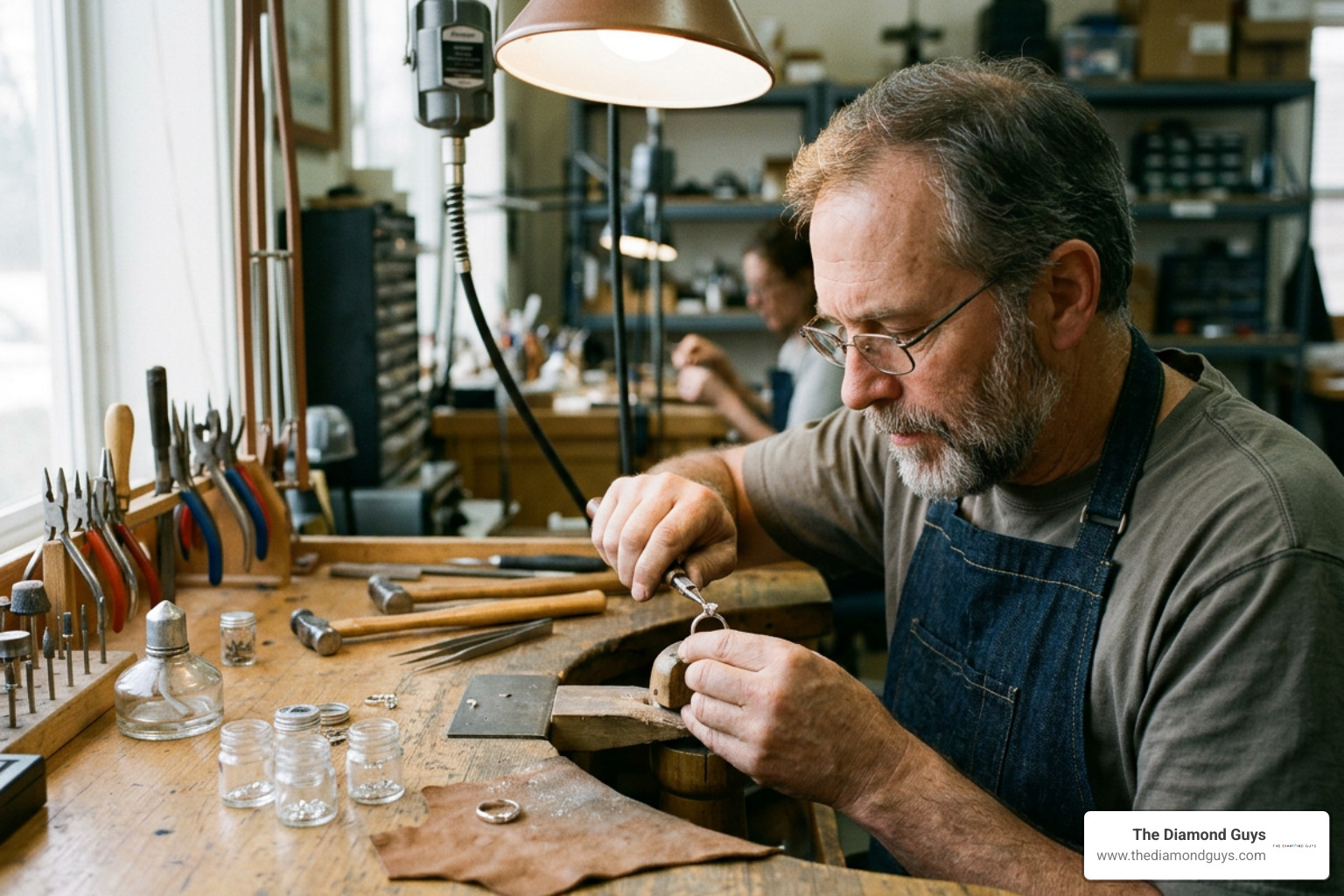 Master bench jeweler hand-setting diamonds into a custom precious metal ring Master bench jeweler hand-setting diamonds into a custom precious metal ring