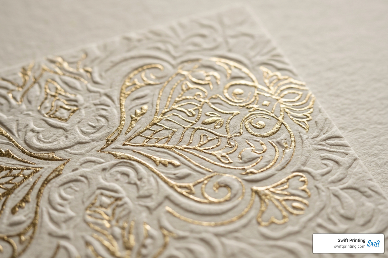 close-up of textured premium cardstock with embossed gold foil detailing close-up of textured premium cardstock with embossed gold foil detailing