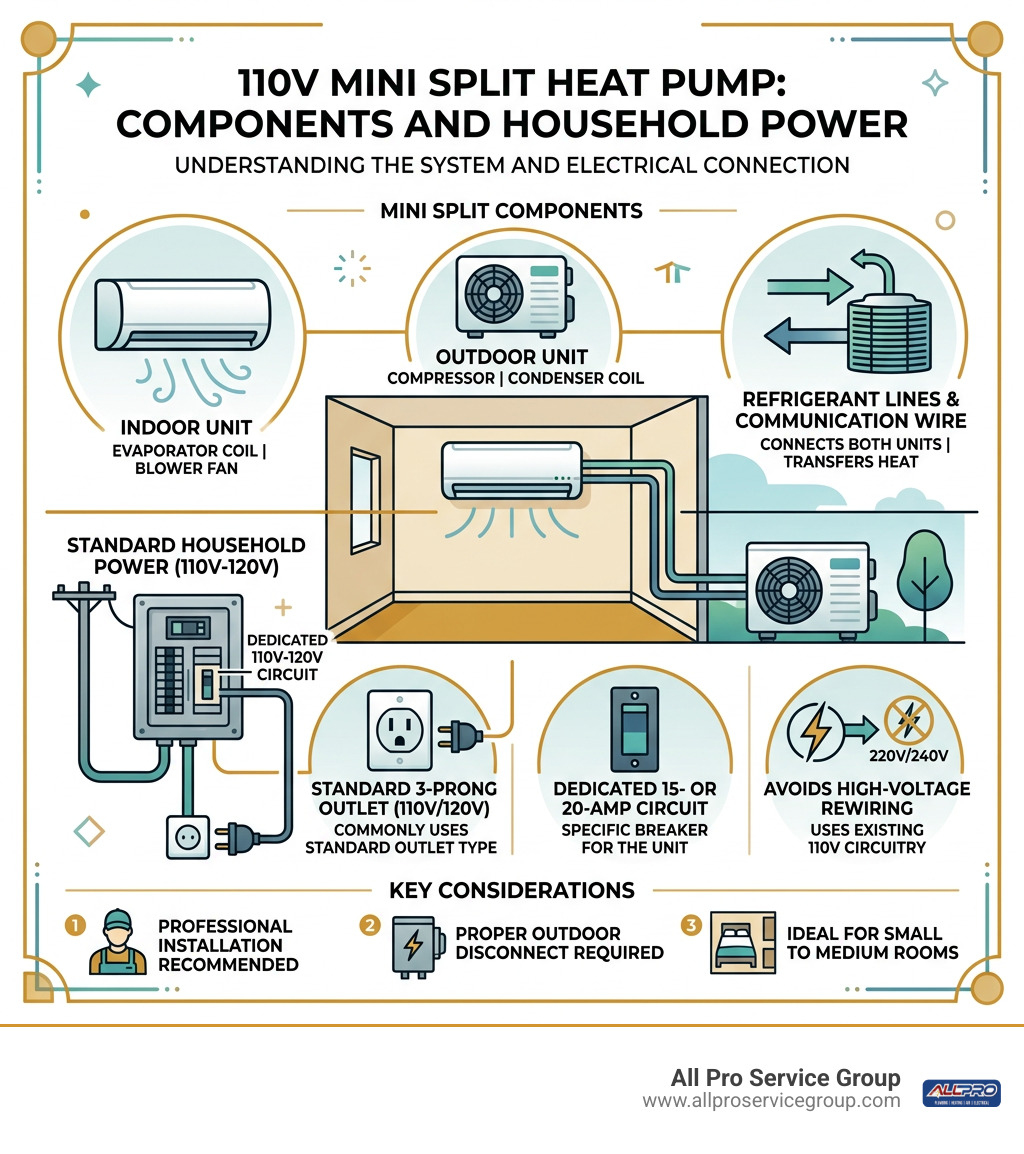 110V mini split heat pump components and standard household power infographic 110V mini split heat pump components and standard household power infographic