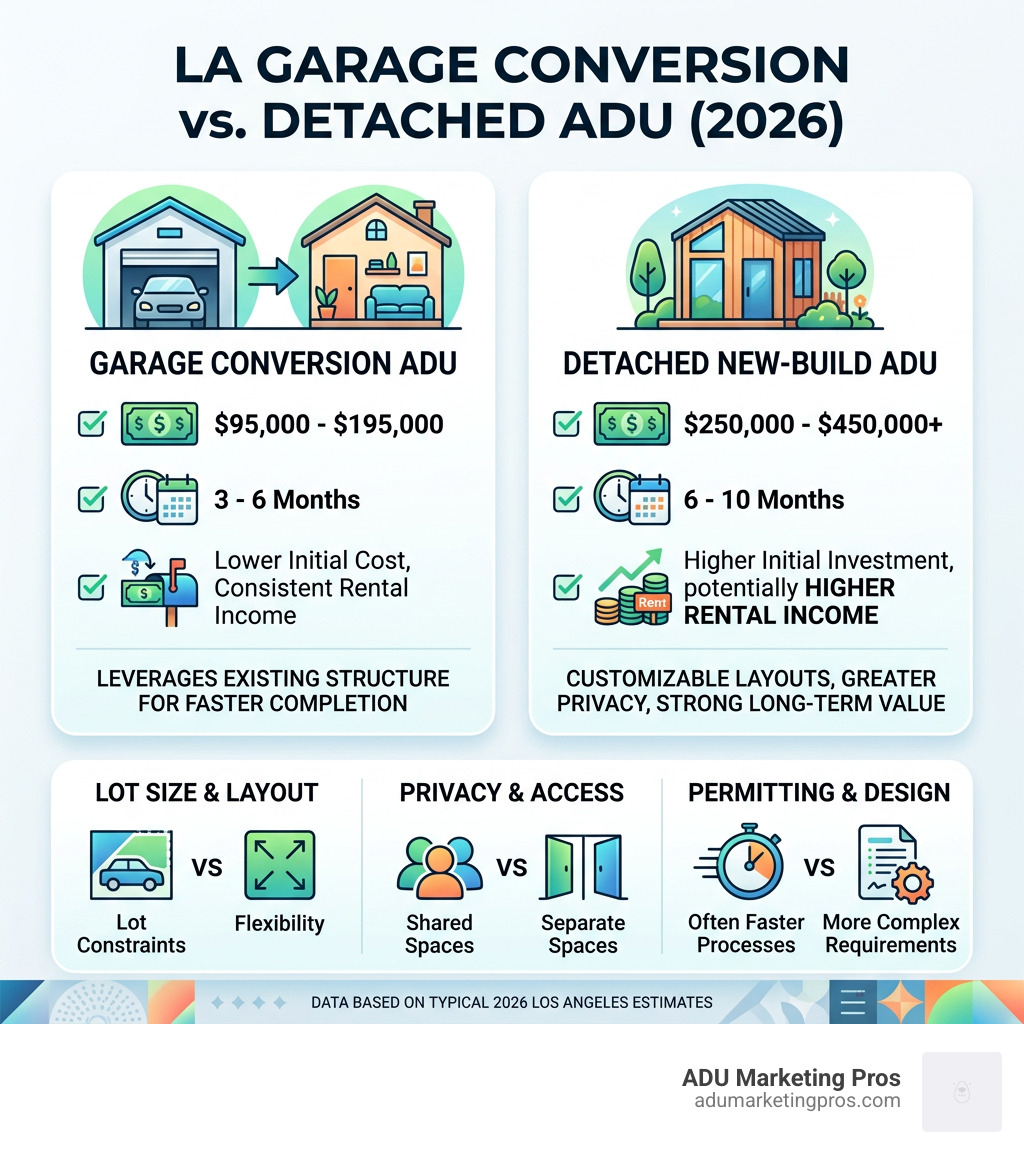 LA garage conversion versus detached ADU costs timelines and rental income infographic