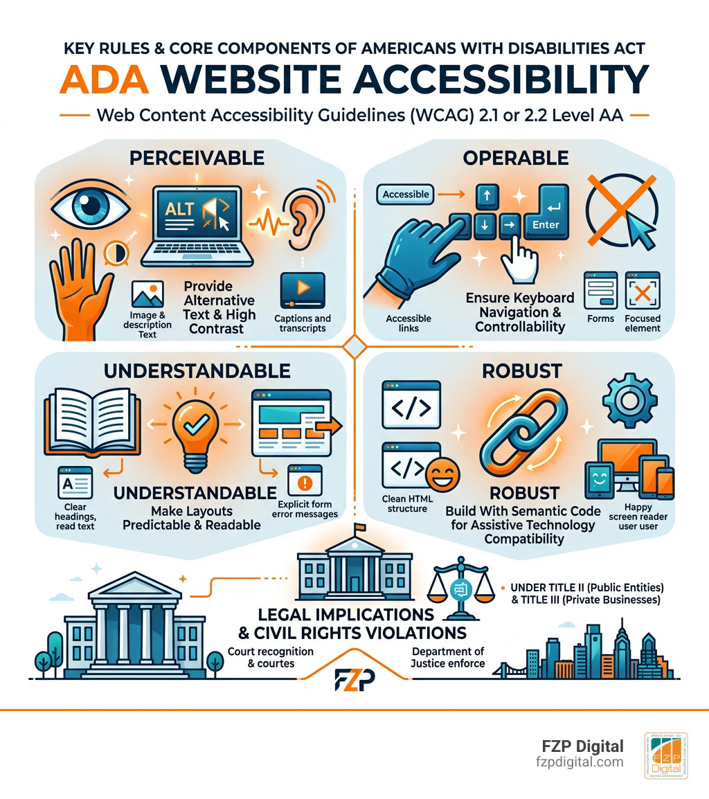 Key rules and core components of Americans with Disabilities Act website accessibility infographic Key rules and core components of Americans with Disabilities Act website accessibility infographic