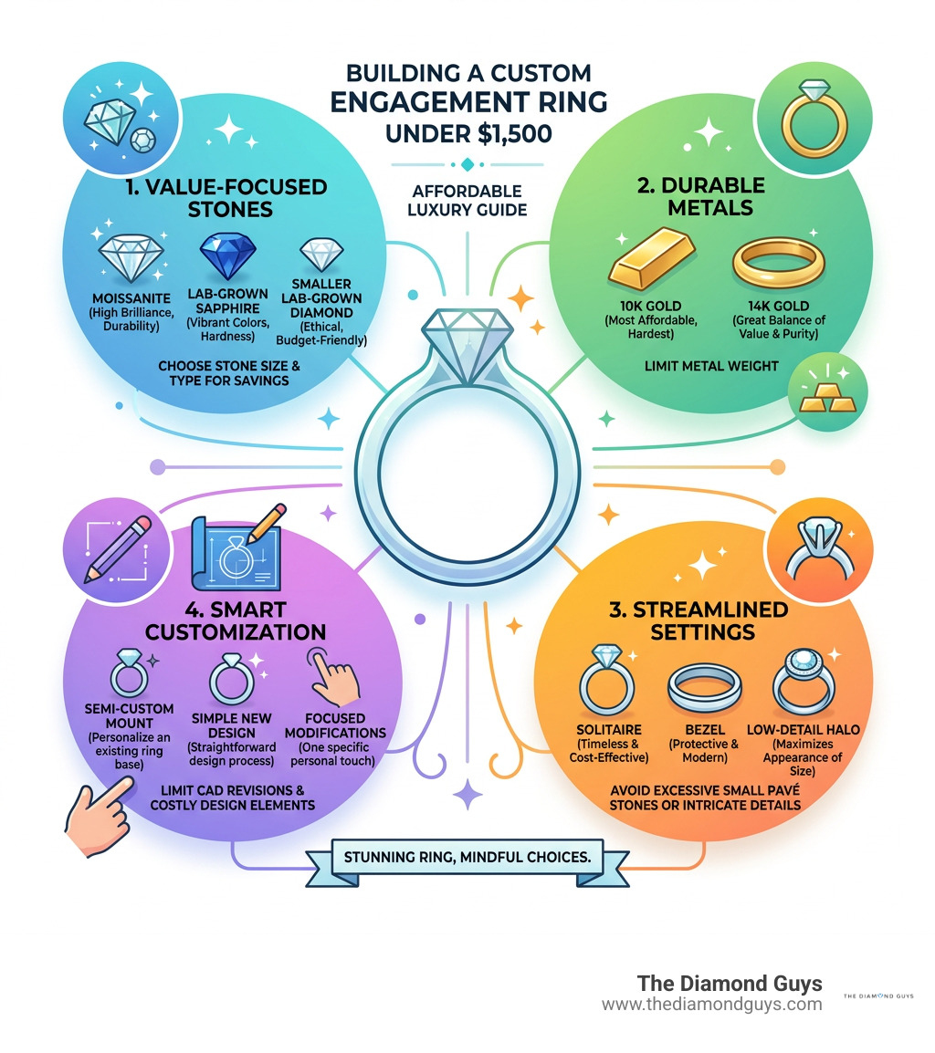 Under $1500 custom engagement ring budget: stone, metal, setting, and customization infographic Under $1500 custom engagement ring budget: stone, metal, setting, and customization infographic