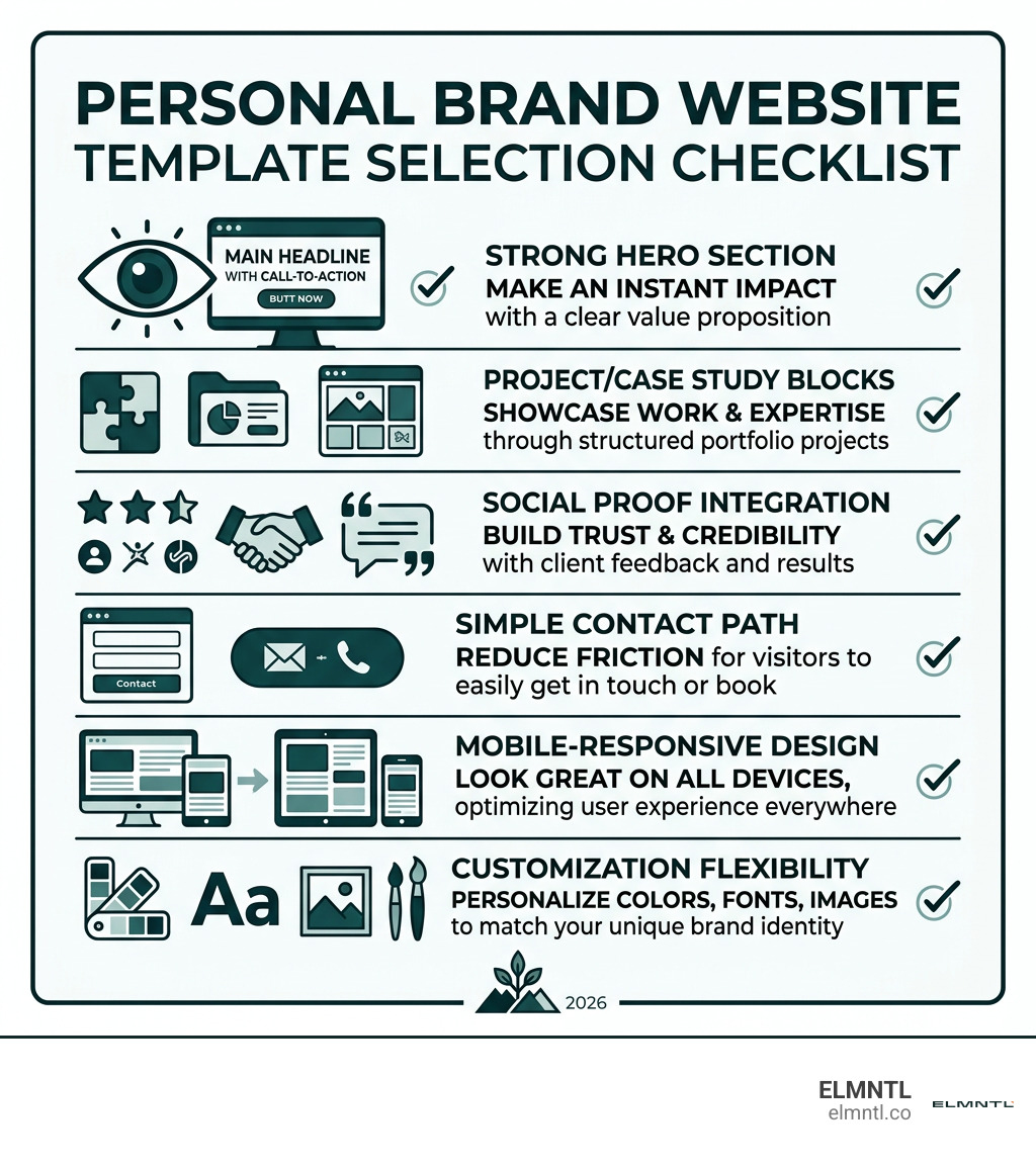 Personal brand website template selection checklist infographic