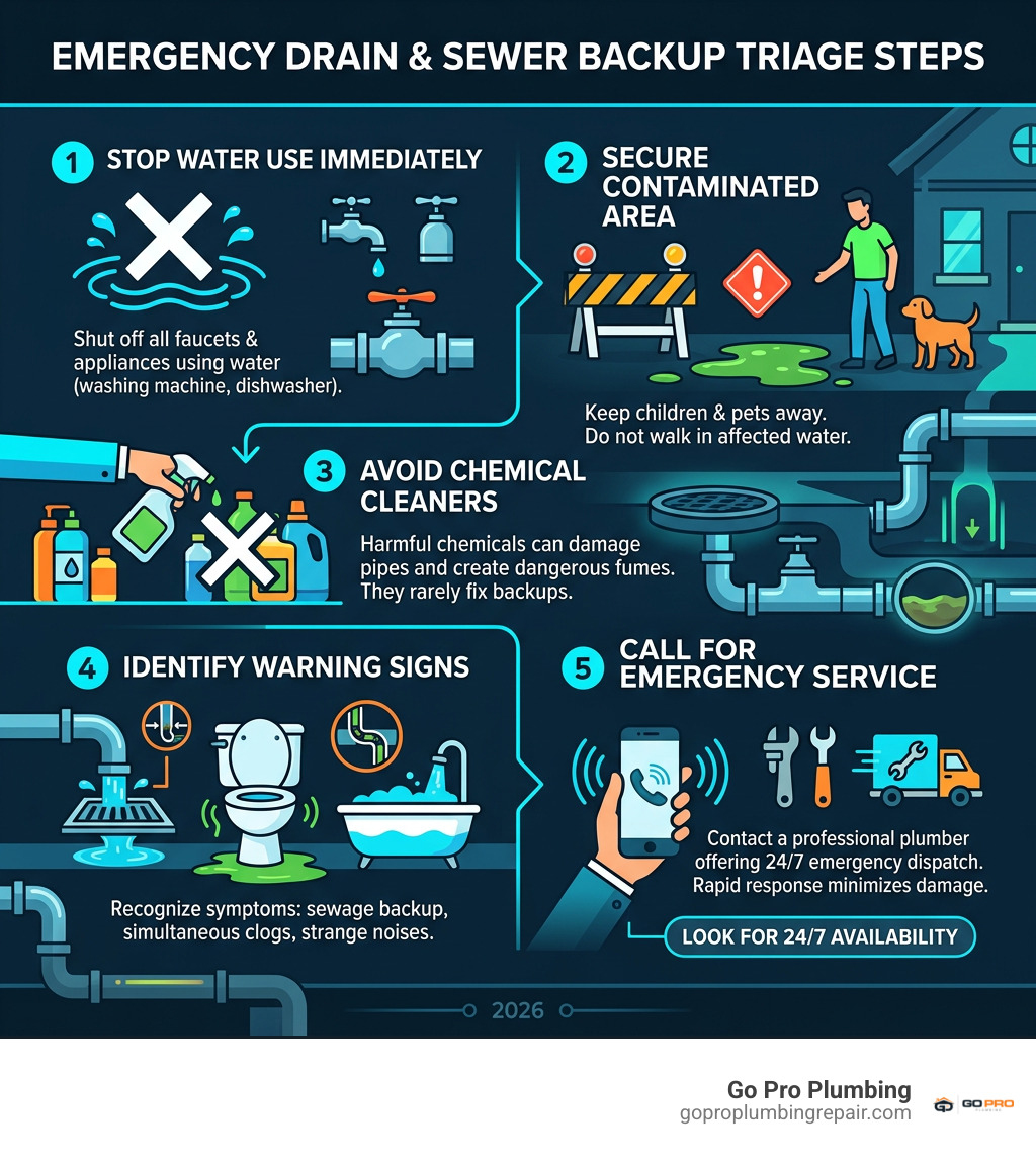 Emergency drain and sewer backup triage steps infographic