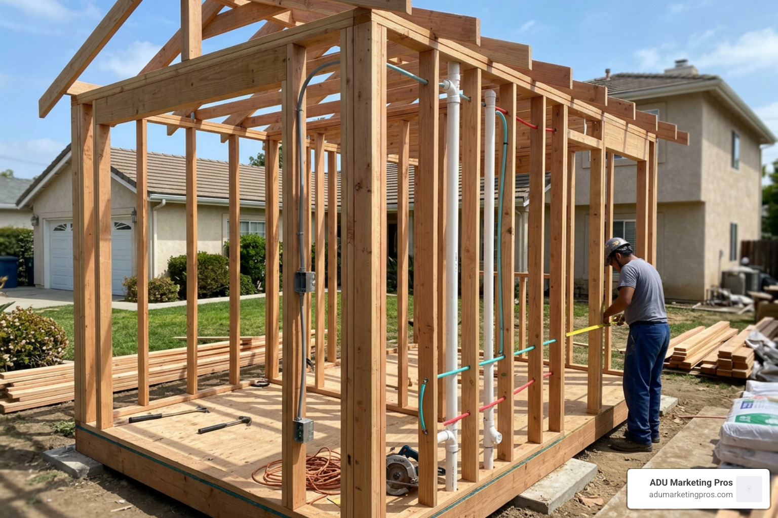 Under-construction ADU showing framing and rough plumbing lines